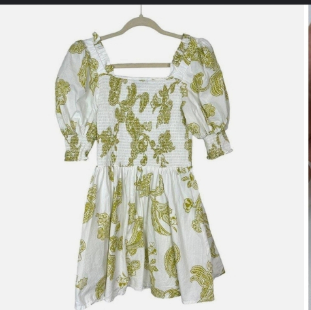 Alter State Paisley Green and White Puff Sleeve Smock Dress - Picture 2 of 5